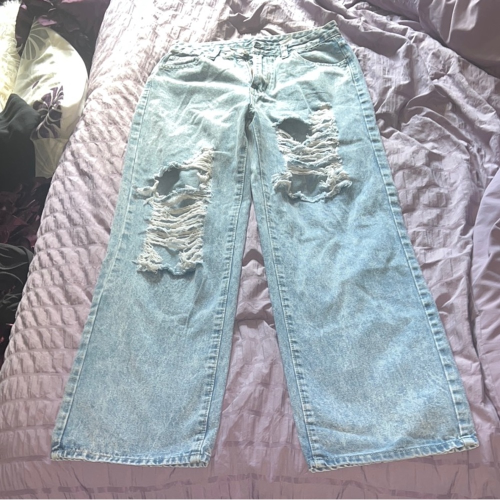 SHEIN Light Blue Distressed Flare Jeans